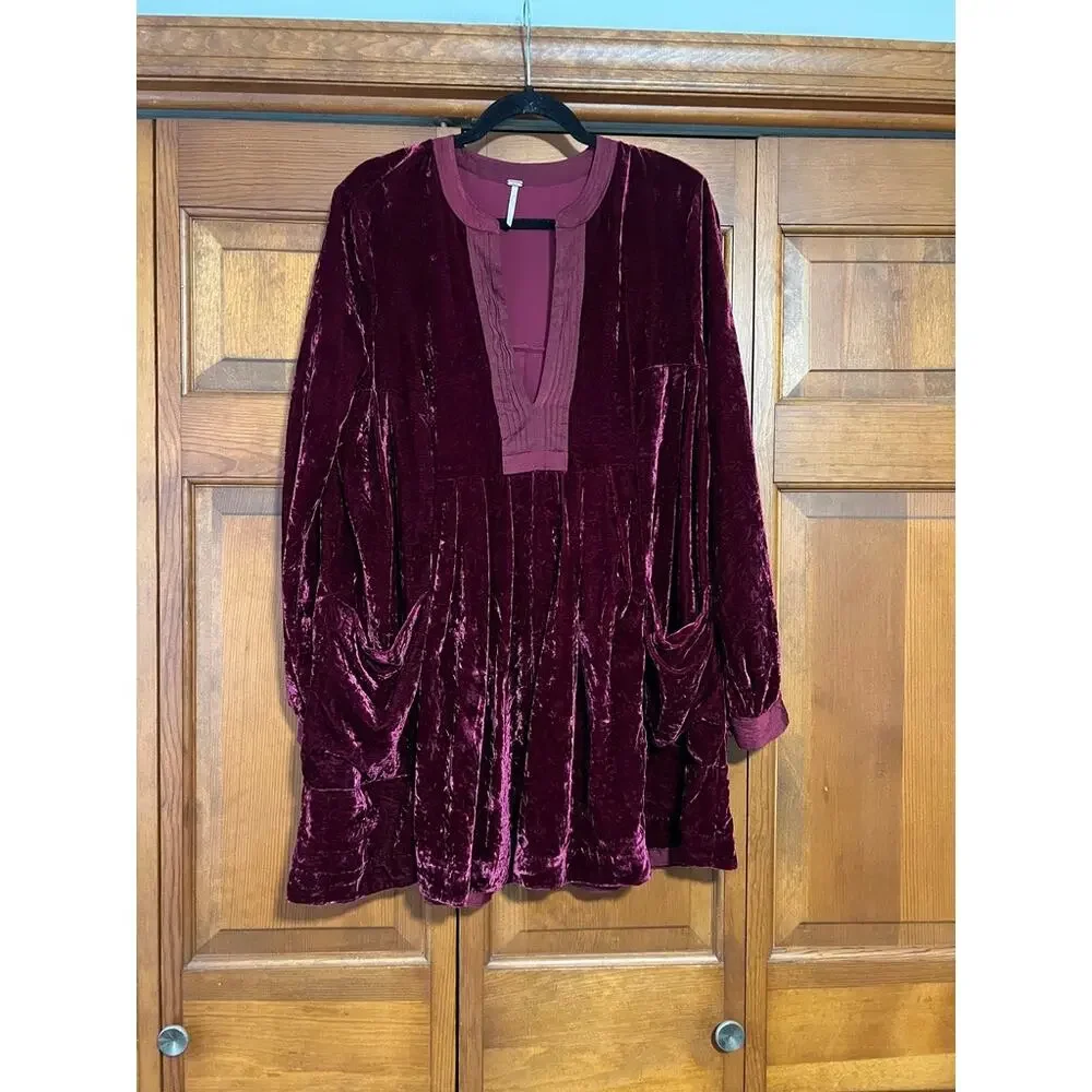 Free People Women's Choose Me Velvet Mini Dress Burgundy Babydoll Boho Size M